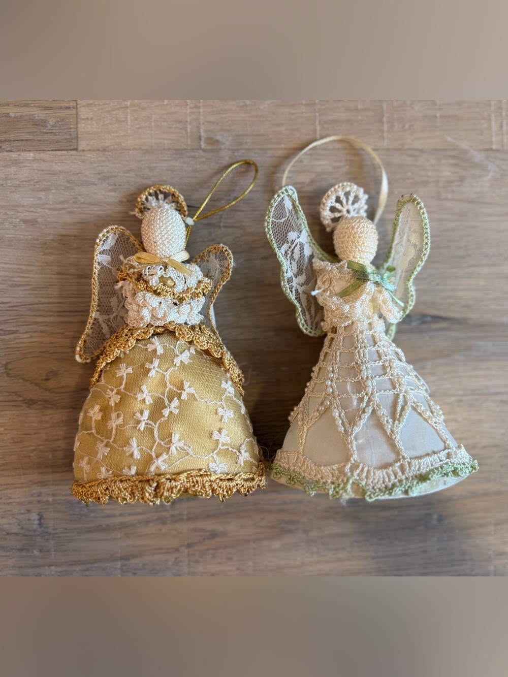 Vintage Angel Christmas Tree Ornaments Set of 2 Lace Gold Ivory Holiday Decor 6”